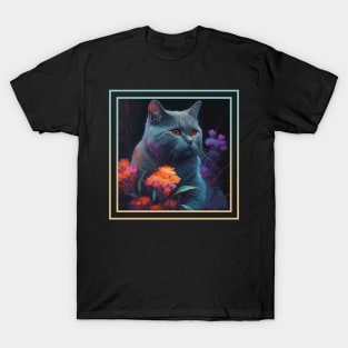 Puffy Chartreux Cat Vibrant Tropical Flower Digital Oil Painting Portrait T-Shirt